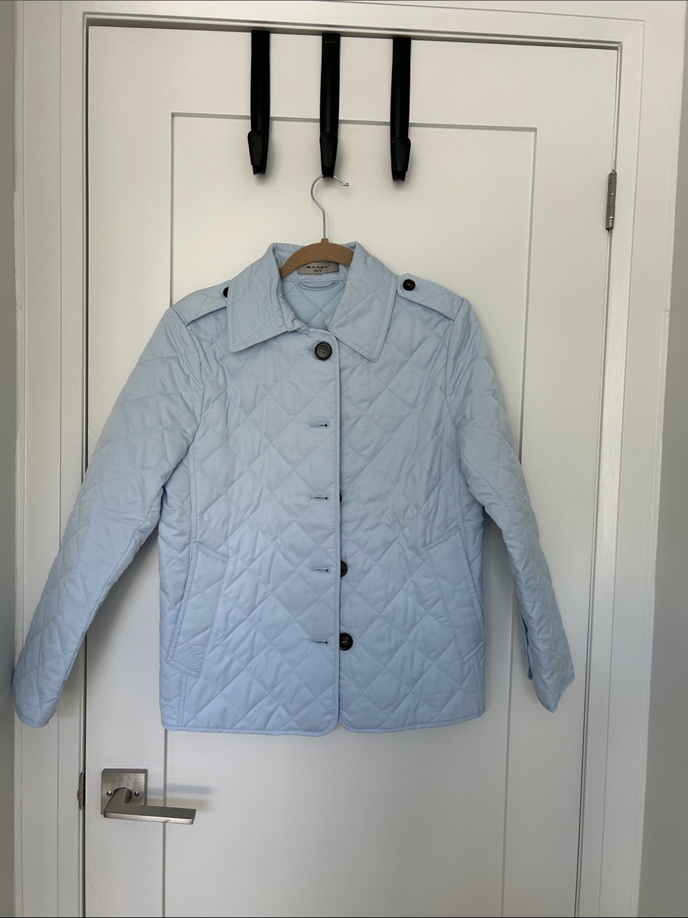 Light Blue Quilted Puffer Jacket - Women's Classic Button Front